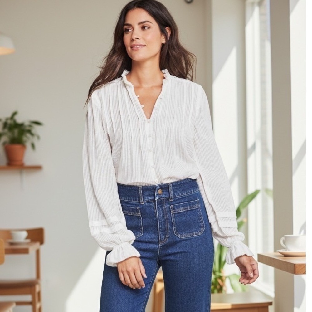 Faherty Willa Blouse White Organic Cotton Pintuck Ruffle Button Front Top Small
